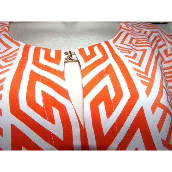 Chico's Black Label orange/white geometric top split sleeves pretty neck 3 Retro - Picture 2 of 5